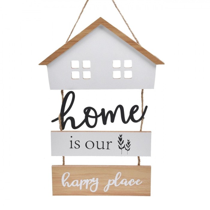 Decorațiune Suspendabilă Lemn, Casă Metalică, Mesaj "Home is Our Happy Place", Alb/Maro, 19.5x29cm