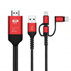 Cablu Audio si Video HDMI la MicroUSB - HDMI la USB Type-C - HDMI la Lightning - USB la HDMI OEM 3in1, 2m, Negru - Rosu
