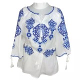 Cumpara ieftin Bluza Tip Ie Traditionala Alba cu Motiv Geometric Albastru de Dama - IMS42