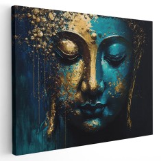 Tablou pictura cap statuie Buddha, albastru, auriu 1651 Tablou canvas pe panza CU RAMA 20x30 cm