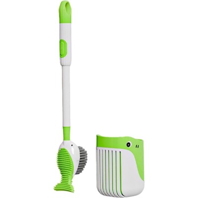 Perie de Toaleta, Flippy, cu Suport de Perete, Recipient Detergent, 2 Tipuri de Perii, Model Balena, Verde foto