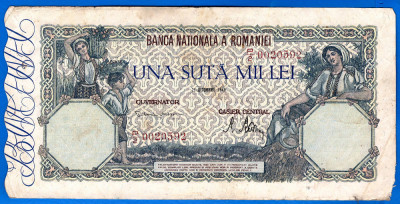 (29) BANCNOTA ROMANIA - 100.000 LEI 1946 (21 OCTOMBRIE 1946), FILIGRAN ORIZONTAL foto