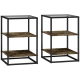 HOMCOM Set 2 Măsuțe cu 3 Niveluri și Bază &Icirc;nălțată, Măsuțe din Lemn, Metal și Blat din Sticlă Călită, 37x40x55,5 cm, Maro | Aosom Romania