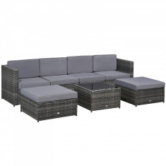 Outsunny Set Mobilier de Exterior din Rattan 7 Piese Canapea Mese și Pufuri Design Modern pentru Grădină Gri 264x66x66 cm | Aosom Romania