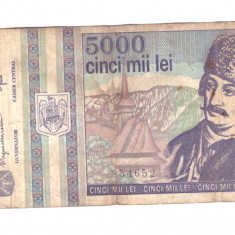 Bancnota 5000 lei mai 1993, circulata, uzata, patata