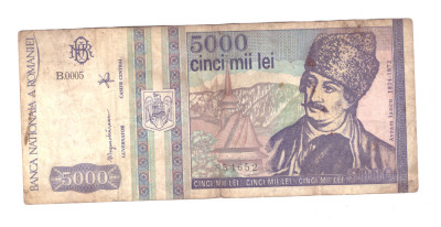 Bancnota 5000 lei mai 1993, circulata, uzata, patata foto