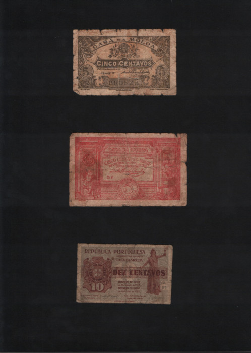 Portugalia 3 bancnote interbelice uzate 2x5 + 1x10 centavos