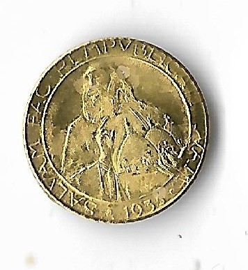 Moneda replica 20 lire 1935, miniatura, suvenir - San Marino, placata cu aur 0,375%, 0,5 g foto