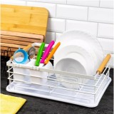 Suport Vase Metalic KingHoff Alb cu Manere Lemn 42.5x32x15.5cm + Tava Scurgere Tacamuri