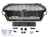 Grilaj tip RS cu lac negru, potrivit pentru Audi A4 B9 sedan, break dupa 2020, cu deschidere pentru camera si PDC pentru bara de protectie standard Pe