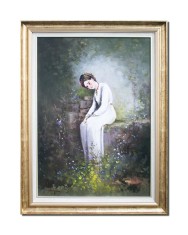 Tablou pictat manual inramat, O floare intre flori, ulei pe panza, rama si paspartu din lemn, reproducere Nicolae Grigorescu