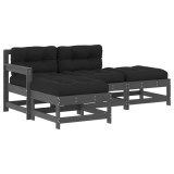 Set mobilier gradina cu perne, 4 piese, gri, lemn masiv