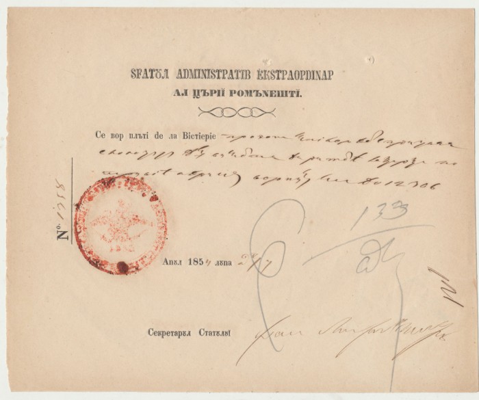 Valahia 1854 inam cu sigiliul Sfatului Administrativ pt. utilizare cai de posta semnat de Secretarul statului Ioan Al. Filipescu, viitor caimacam