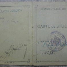 Carte student Facultate Drept, Universitatea Iasi// 1920, semnatura A.C. Cuza