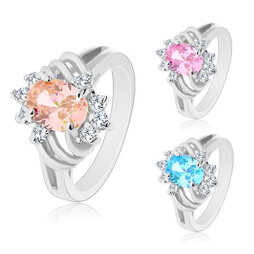 Inel argintiu, oval mare colorat, arce subțiri și zirconii transparente - Marime inel: 49, Culoare: Roz