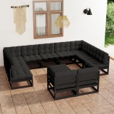 vidaXL Set mobilier grădină cu perne, 12 piese, negru, lemn masiv pin 3077273