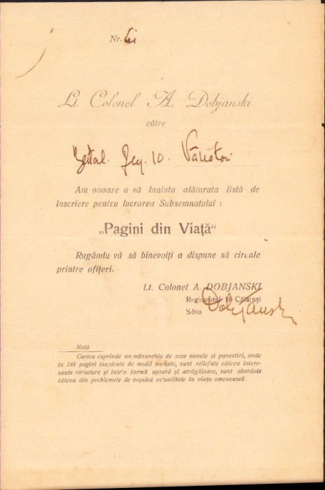 HST A2383 Semnătura olografă primar Chișinău colonel Anibal Dobjanski