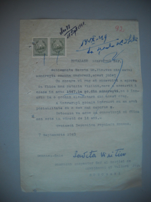 HOPCT DOCUMENT VECHI FISCALIZAT 409 SCOALA COMUNA MANDRESTI -JUD BOTOSANI 1949