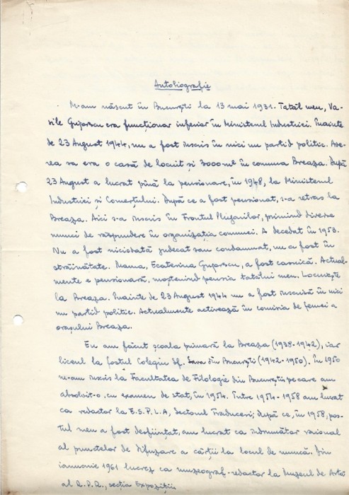 A3575N Ioan Grigorescu, autobiografie olografă, semnată, perioada comunistă