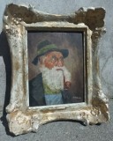 Pictura veche ulei pe lemn portret bătr&acirc;nel cu pipa, Portrete, Realism