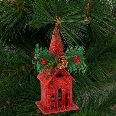 Biserică de Crăciun cu sclipici cu agățător - 16 x 6,5 cm - roșu foto