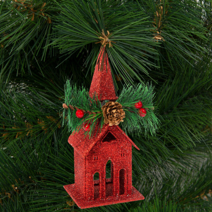 Biserică de Crăciun cu sclipici cu agățător - 16 x 6,5 cm - roșu