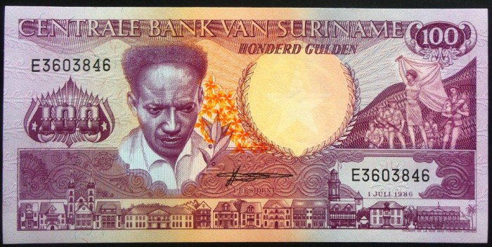 Bancnota EXOTICA 100 GULDENI - SURINAME, anul 1986 *cod 563 = UNC!