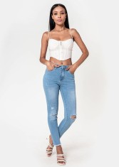 Blugi slim dama cu detalii rupte, Albastru deschis P501-6 M10