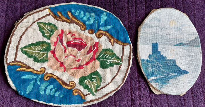 Set 2 goblenuri ovale, trandafir &amp; castel, vintage anii 60