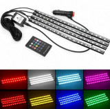 Set 4 benzi LED cu lumina ambientala auto RGB cu telecomanda