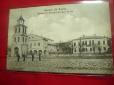 Ilustrata Salutari din Tulcea - Biserica Sf.Gheorghe si Liceul de Fete ,anii&amp;#039;20 foto