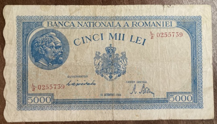 B11 89 - Bancnota foarte veche - Romania - 5000 lei - emisiune 10 octombrie 1944 - filigran BNR orizontal