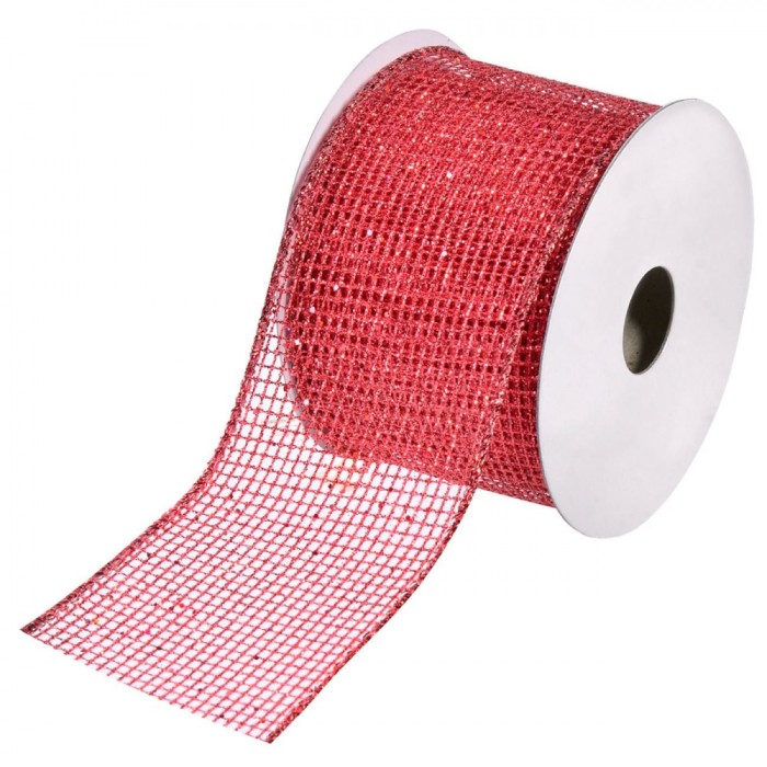 Panglică Decorativă, Model Plasă, Lungime 5m, Lățime 63mm, Roșu, Material Poliester