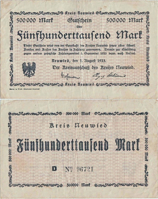 1923 ( 1 VIII ) , 500,000 mark ( Keller 3903l ) - Neuwied ( Germania )