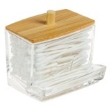 Suport acrilic transparent pentru betisoare igienice, cu capac din bambus, 9x7x7 cm, CMCLASS