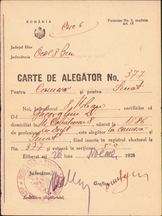 HST A766 Carte de alegător Rom&acirc;nia 1928