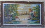 TABLOU VECHI IN ULEI, PEISAJ: LEBEDE PE LAC-243554