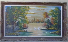 TABLOU VECHI IN ULEI, PEISAJ: LEBEDE PE LAC-243554