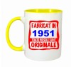 Cana maner galben personalizata Fabricat in 1951 toate piesele sunt originale, INOVATIX&reg;. 330ml, Oem
