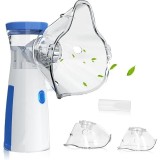 Aparat aerosoli pentru copii si adulti, portabil, alimentare cu baterii/USB, ultrasonic, zgomot redus, din ABS, masca din silicon, alb/albastru