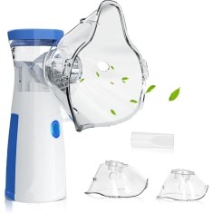 Aparat aerosoli pentru copii si adulti, portabil, alimentare cu baterii/USB, ultrasonic, zgomot redus, din ABS, masca din silicon, alb/albastru