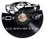 Ceas de perete decorativ Chevrolet Corvette, realizat din disc de vinil upcycled, model Auto Retro/Sport, negru, 30 cm