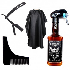 Set pulverizator imitatie sticla whisky brici metalic pelerina frizerie barber foto