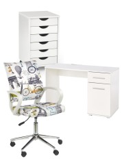 Set mobilier birou copii HM Lima B1, PAL lucios, spatii depozitare, cu scaun HM Ibis Paris, stofa, 100 kg si dulapior rulant HM Simon 2, cu roti, fron