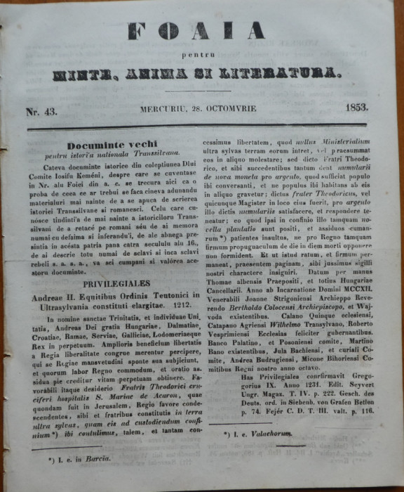 Ziarul Foaia pentru minte , inima si literatura , nr. 43 , 1853