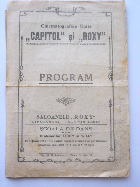 QW13 - Program cinematograf - cinematografele unite Capitol si Roxy anii 1930