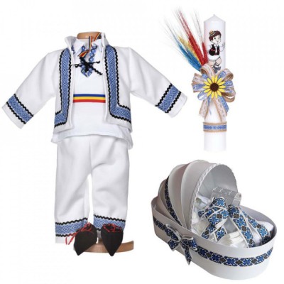 Set botez traditional baietel, trusou botez landou, lumanare si costum popular, foto