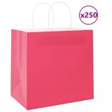 VidaXL Pungi de h&acirc;rtie 250 buc cu m&acirc;nere roz 26x17x25 cm