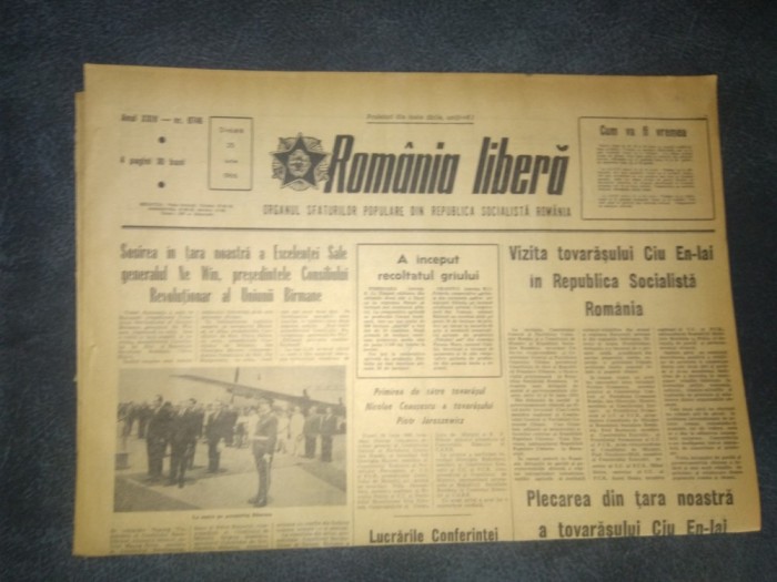 ZIARUL ROMANIA LIBERA 25 IUNIE 1966 PLECAREA PREMIERULUI CIU EN LAI CHINA