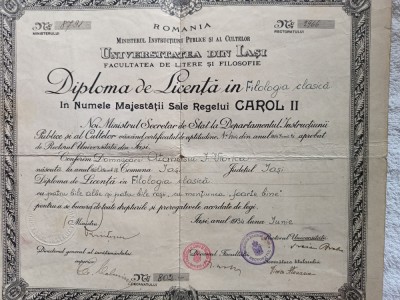 Diploma de Licenta in Filiologia Clasica ,Universitatea din Iasi , Carol II , foto